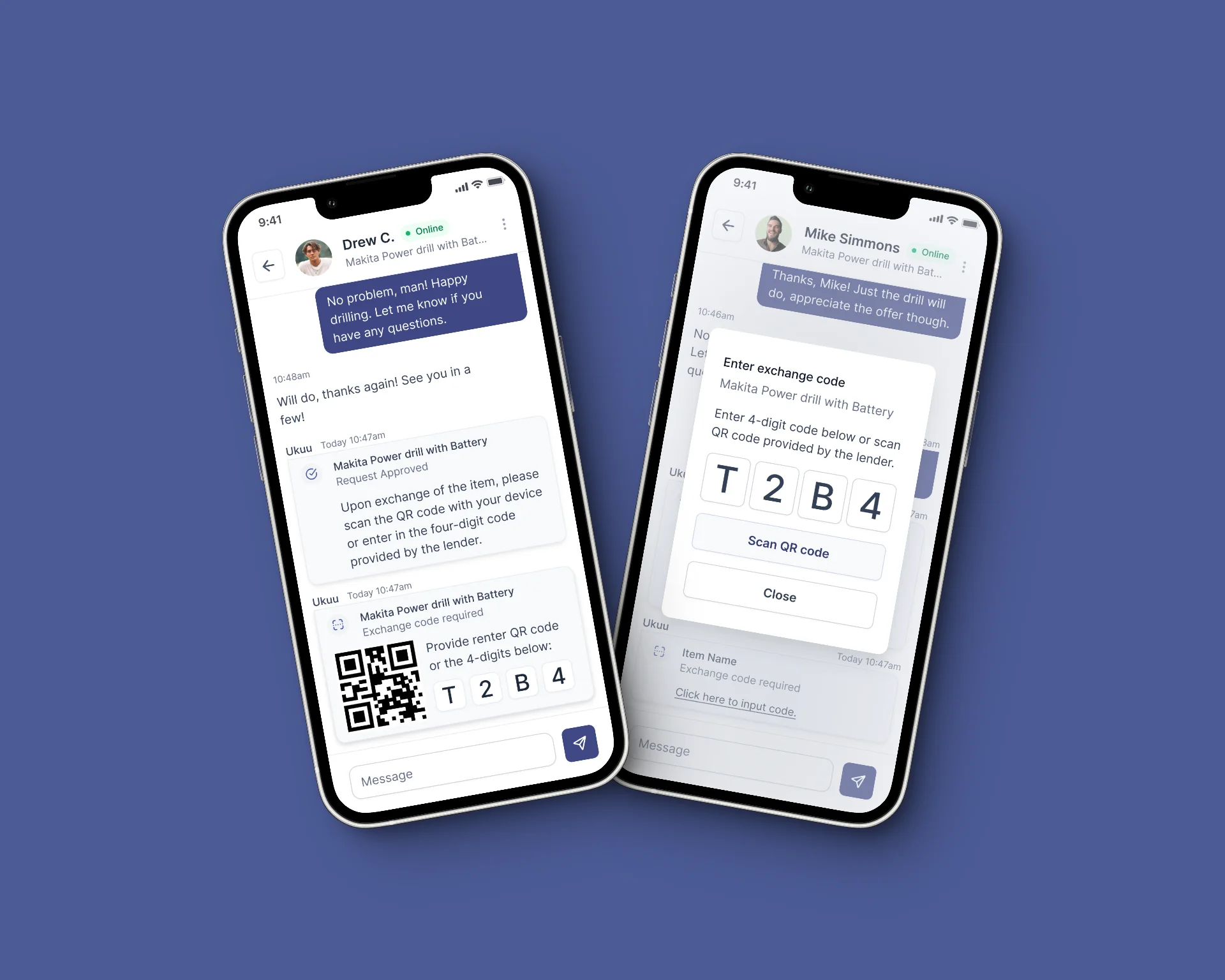 Ukuu exchange screens: lender's QR code and four-character code, and the renter entering it.