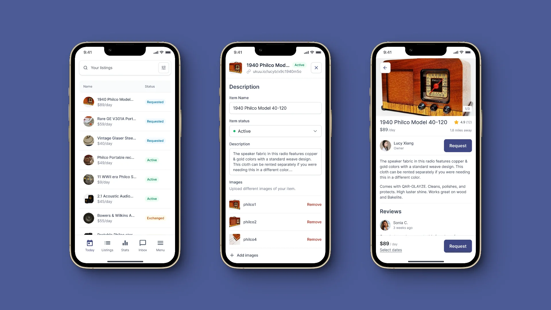 Owner-side screens: a listings table with request status, a listing editor, and the public listing with the owner's photo beside the Request button.