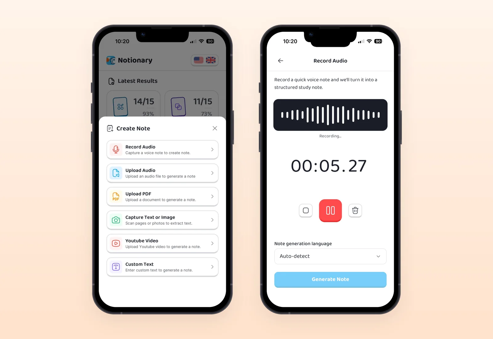 Start a note from a voice recording, audio, a PDF, a photo, a YouTube link, or plain text.