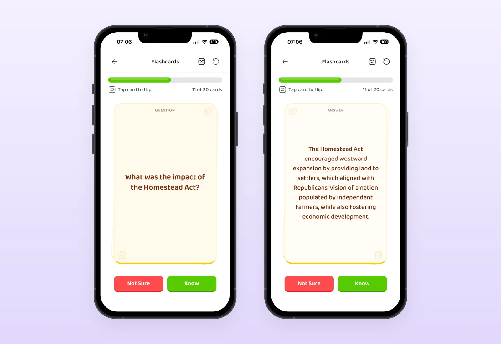 Flashcards: tap to flip, then mark what you know.