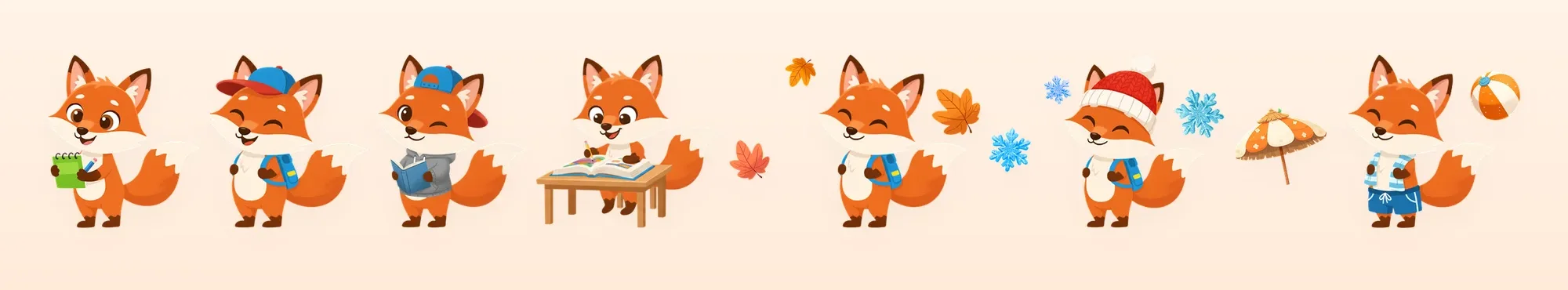 The mascot, drawn with an image model and finished in Figma, in outfits for the seasons.