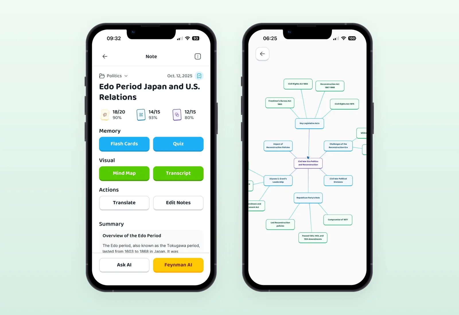 Each note becomes a study hub: flashcards, quizzes, a mind map, a transcript, and translation.