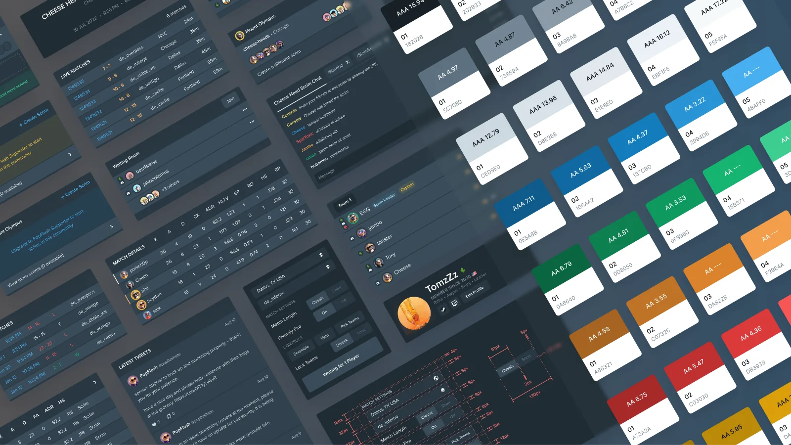 PopFlash component library: rosters, stats tables, chat, settings, and a color palette with contrast ratings.