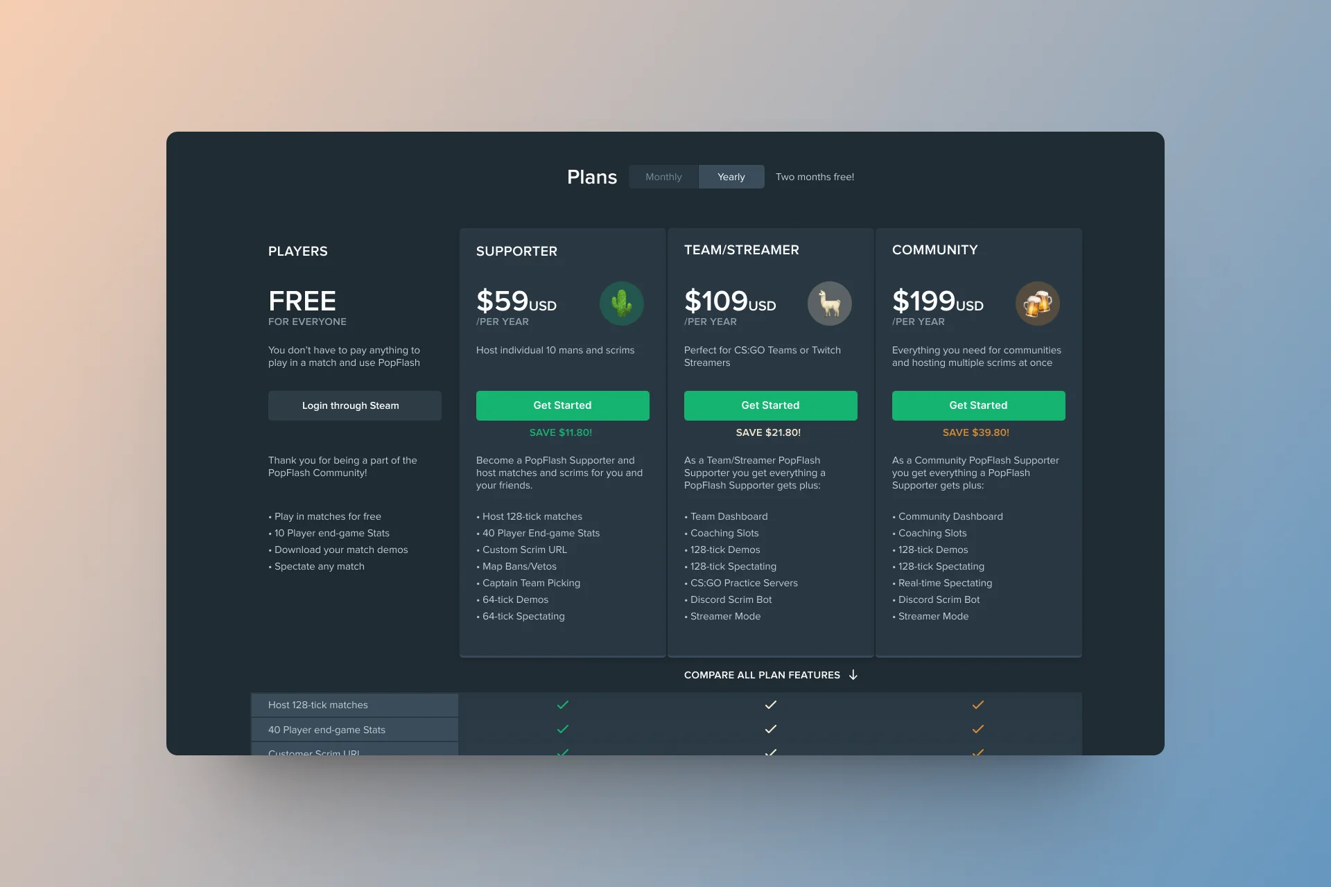 PopFlash pricing page with free, Supporter, Team/Streamer, and Community plans.