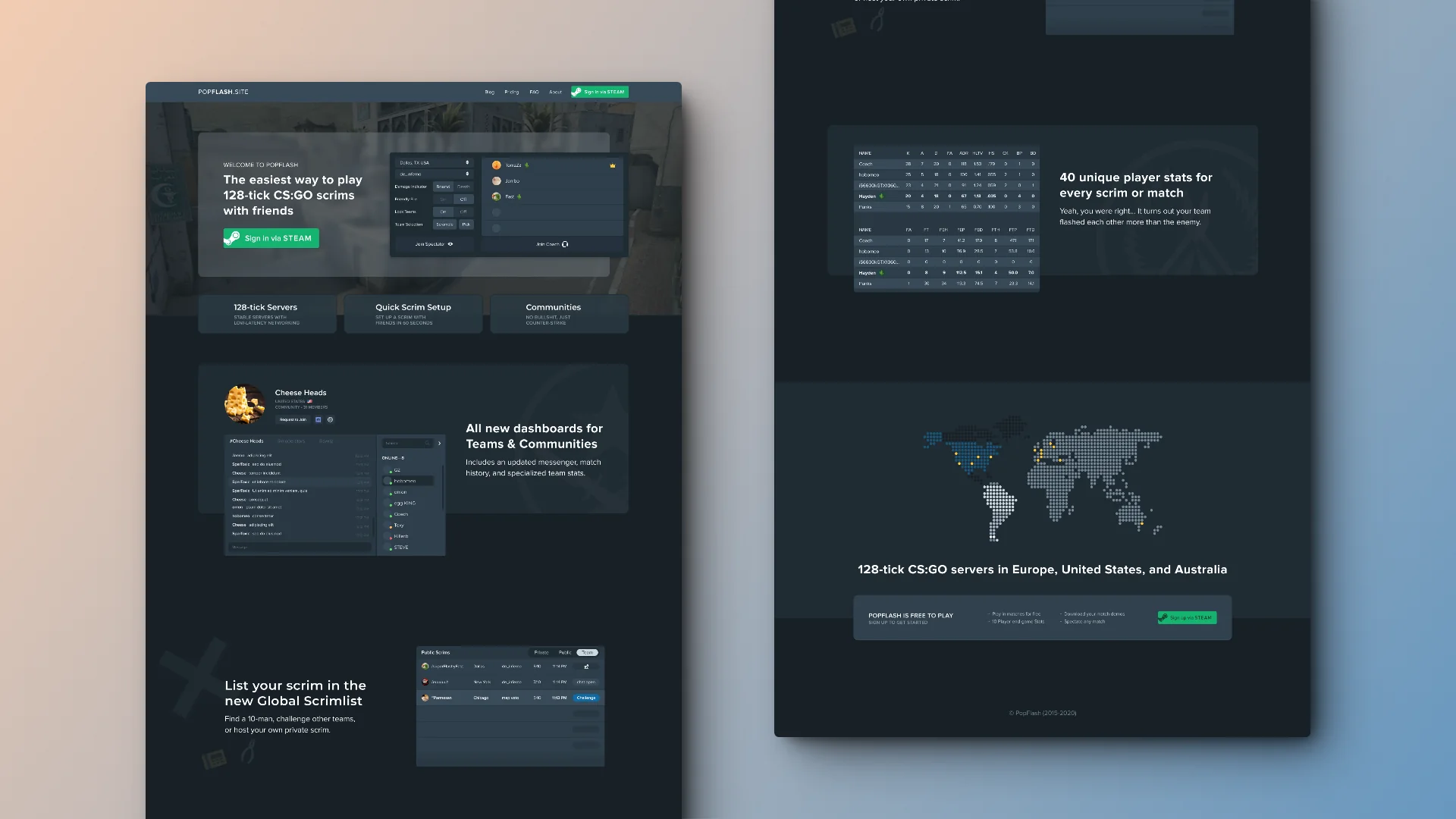 The PopFlash website: landing page, signed-in home, and the long marketing page.
