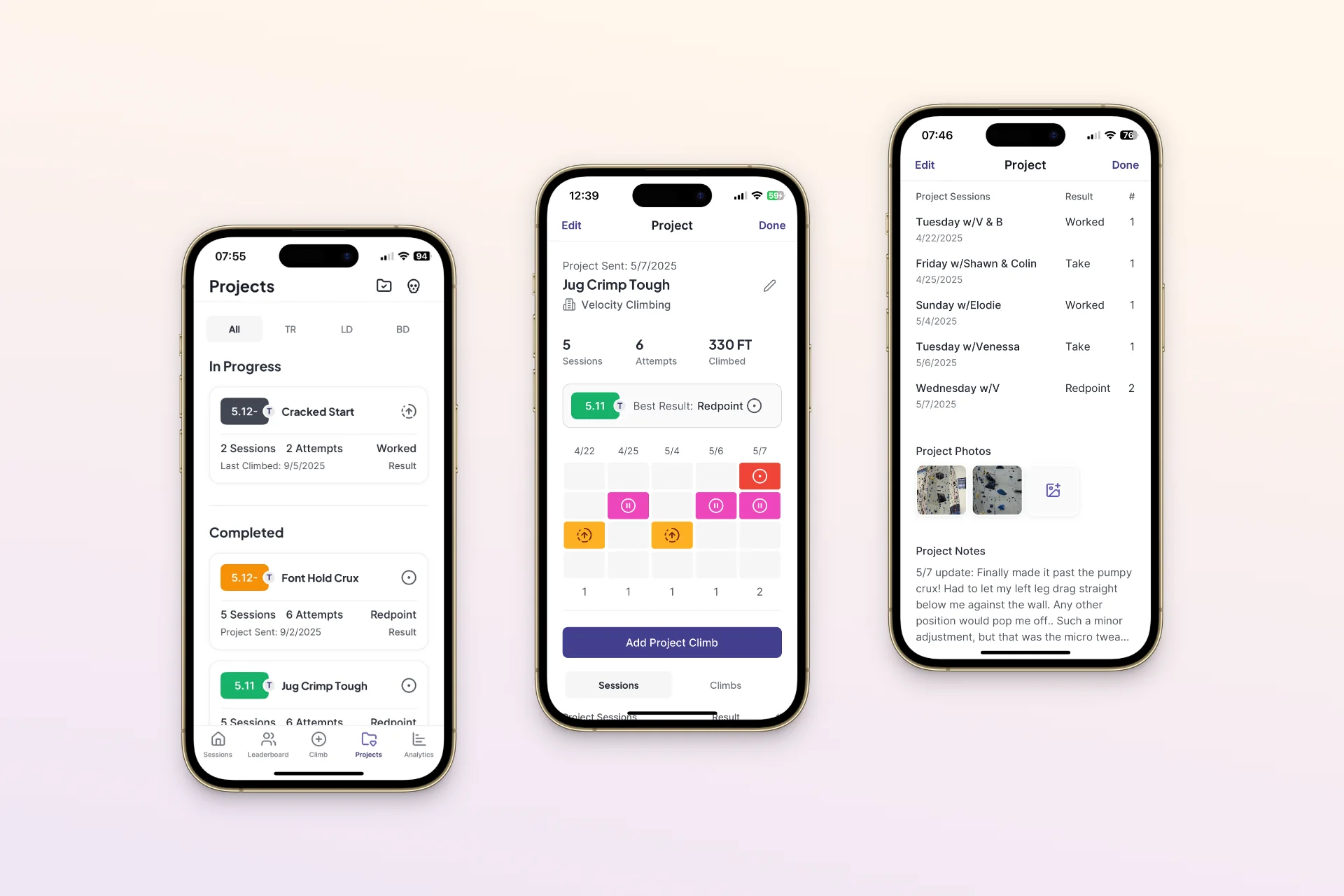 Three Projects screens: the project list, a project detail with attempts, and project notes.
